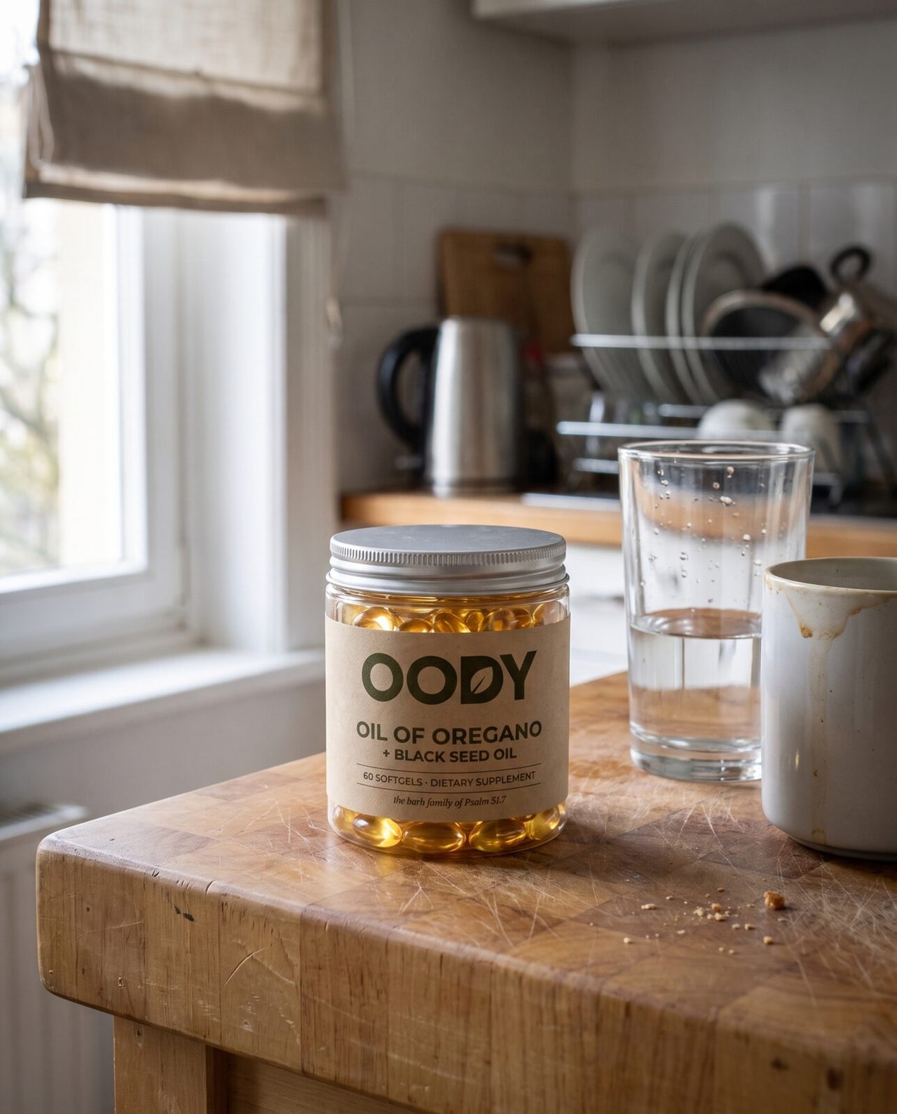 OODY jar on a kitchen counter in morning light