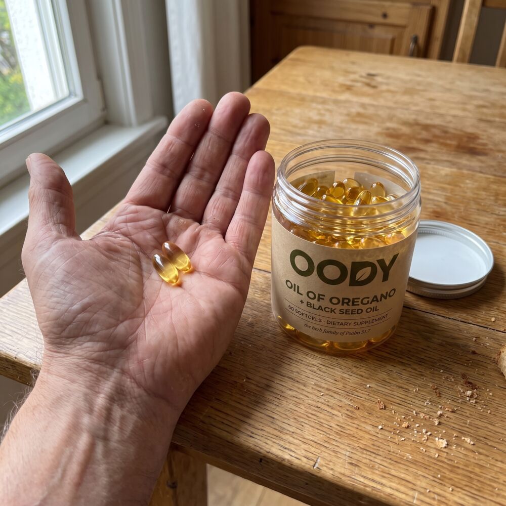 Two golden softgels in a palm beside the open OODY jar