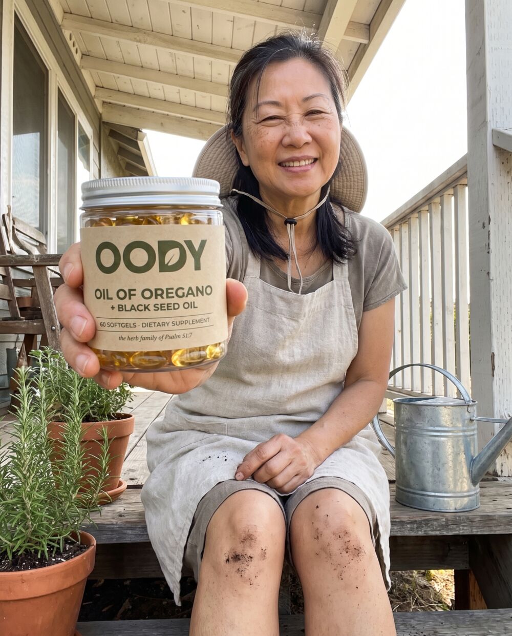 Woman in her sixties on porch steps holding the OODY jar