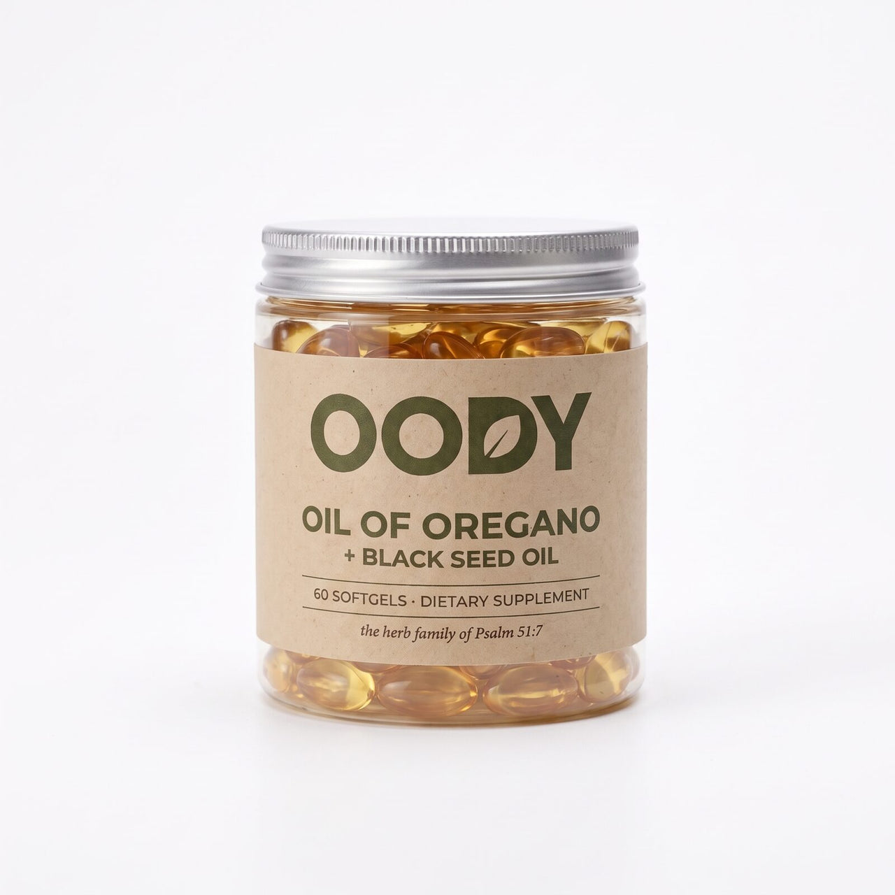 OODY jar on a white background, kraft label and plain aluminium lid
