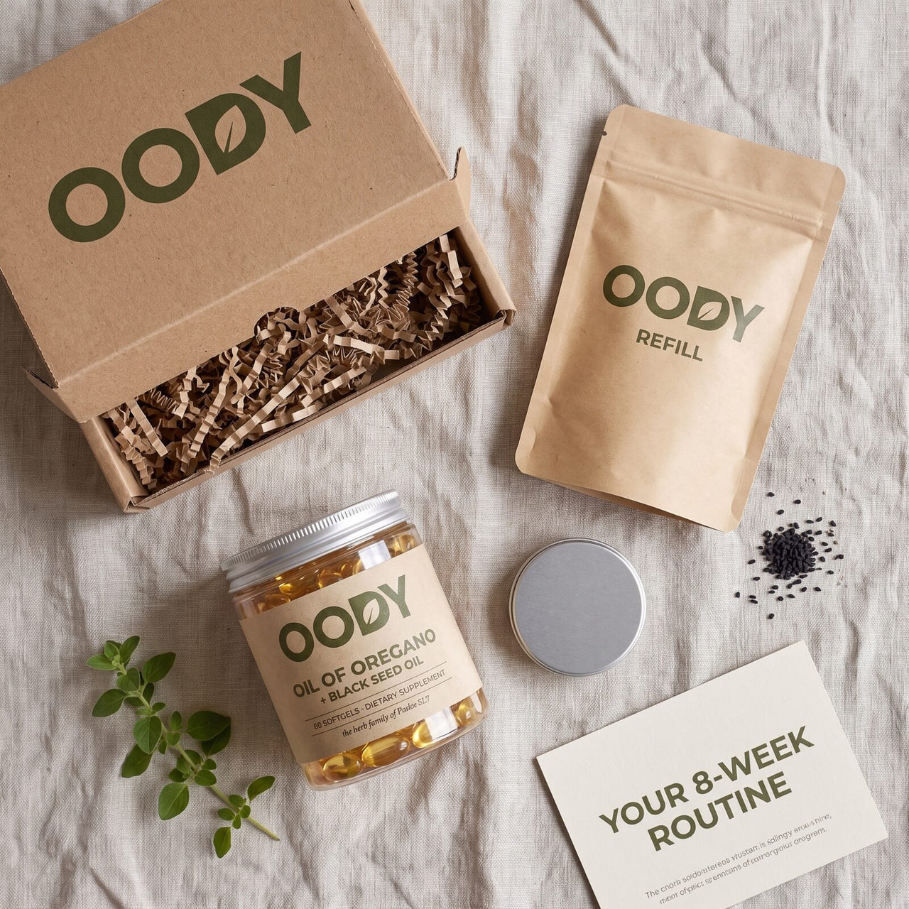 What arrives: kraft box, OODY jar, refill pouch and path card