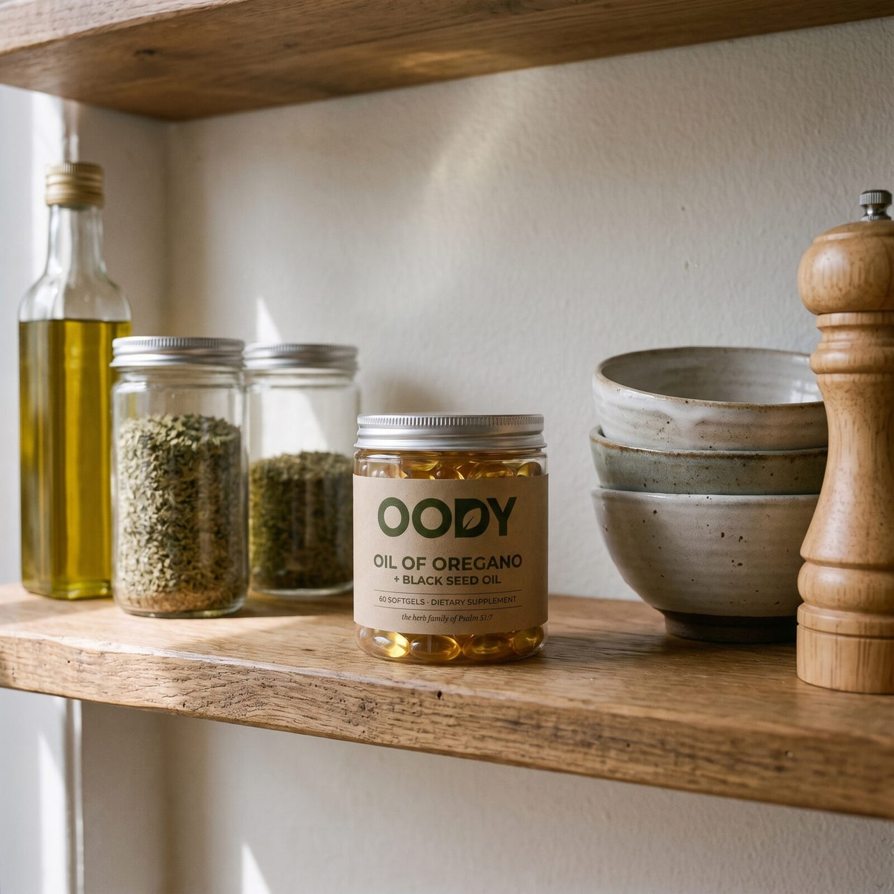 OODY jar on a kitchen shelf beside olive oil and dried herbs
