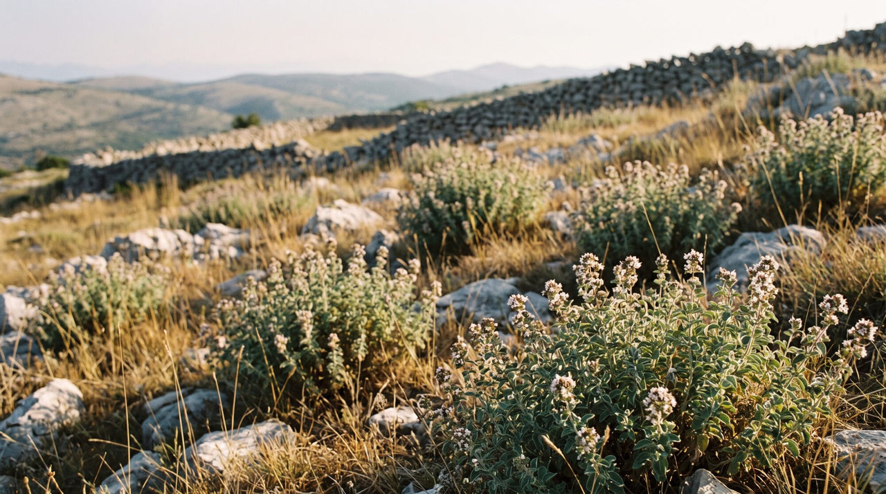 Wild oregano in flower on a dry limestone hillside at sunrise