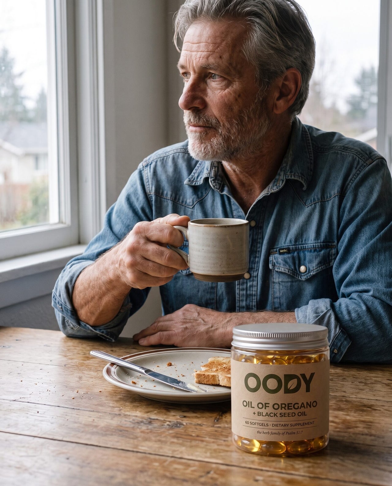 Man in his sixties at the breakfast table with the OODY jar
