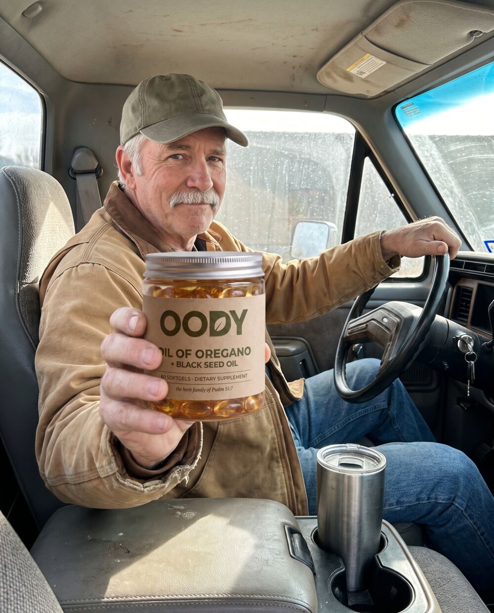 Man in his sixties holding the OODY jar in the cab of a pickup truck