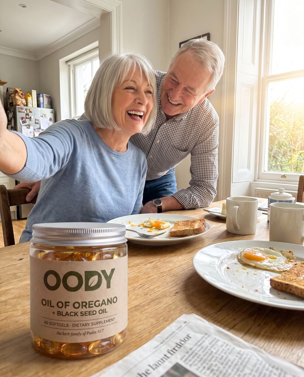 Couple in their sixties at breakfast with the OODY jar on the table