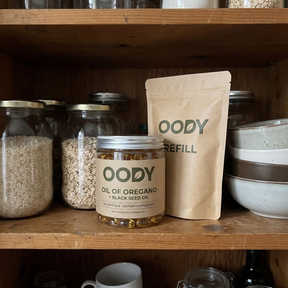 OODY jar and its kraft refill pouch on a pantry shelf